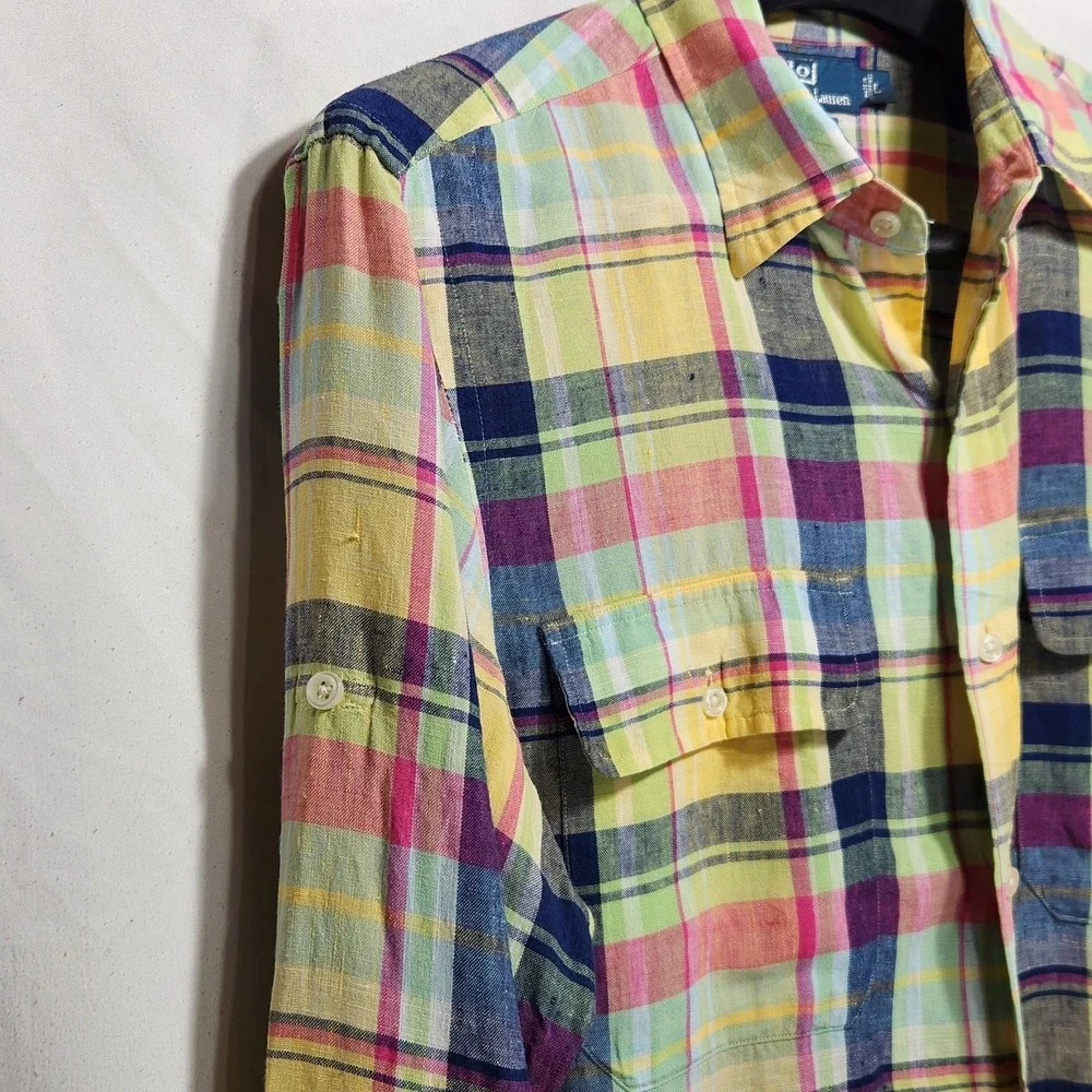 Polo Ralph Lauren Mens 100% Linen Large Long Sleeve Shirt Multicolor Plaid‎